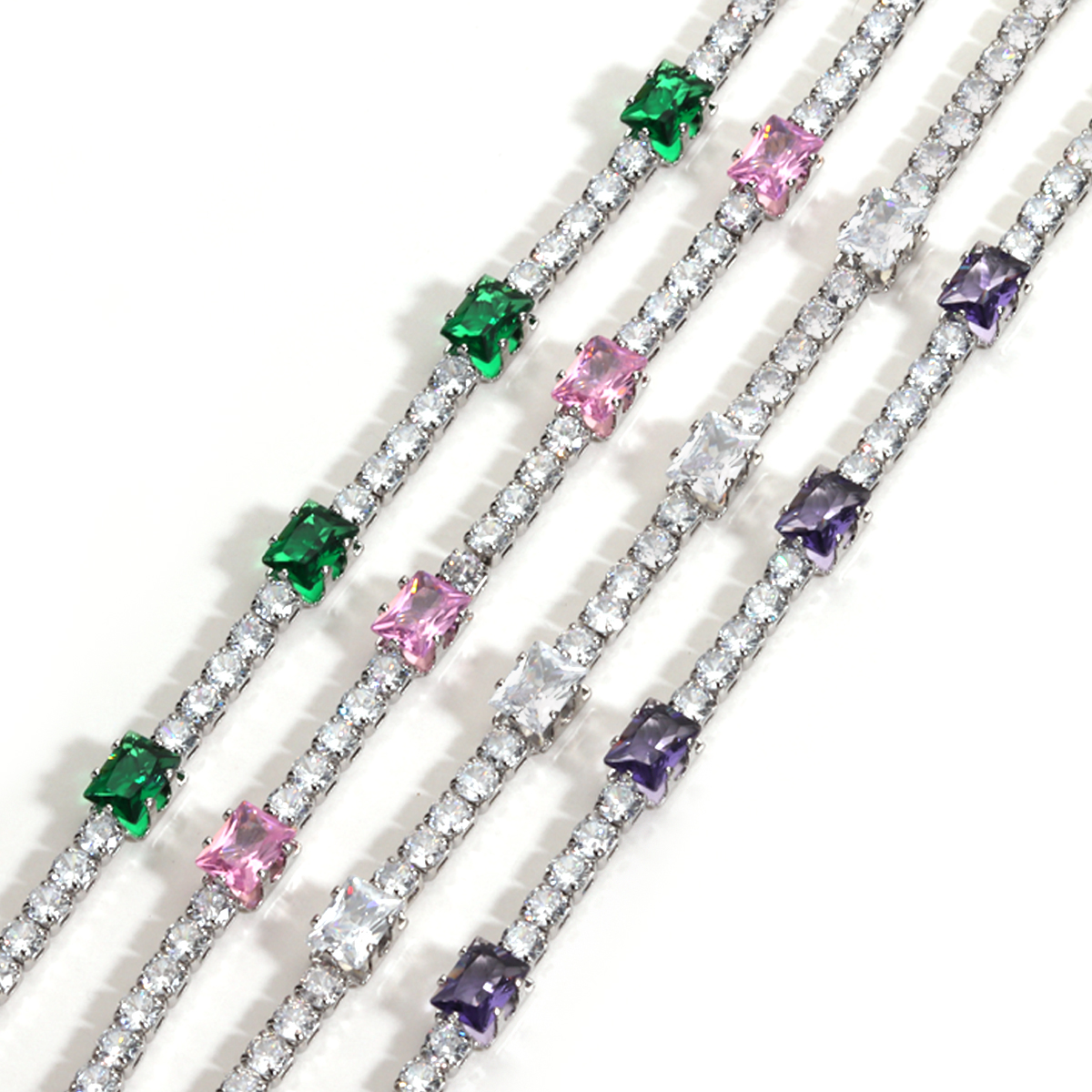 【New Arrival】Vintage Emerald Rectangular Platinum-Plated Copper Bracelet Full Zircon Square Diamond Platinum Crystal Geometric Claw Setting Tennis Chain (Full Diamond Chain) 4