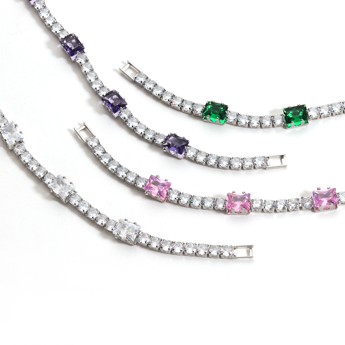 【New Arrival】Vintage Emerald Rectangular Platinum-Plated Copper Bracelet Full Zircon Square Diamond Platinum Crystal Geometric Claw Setting Tennis Chain (Full Diamond Chain) 5