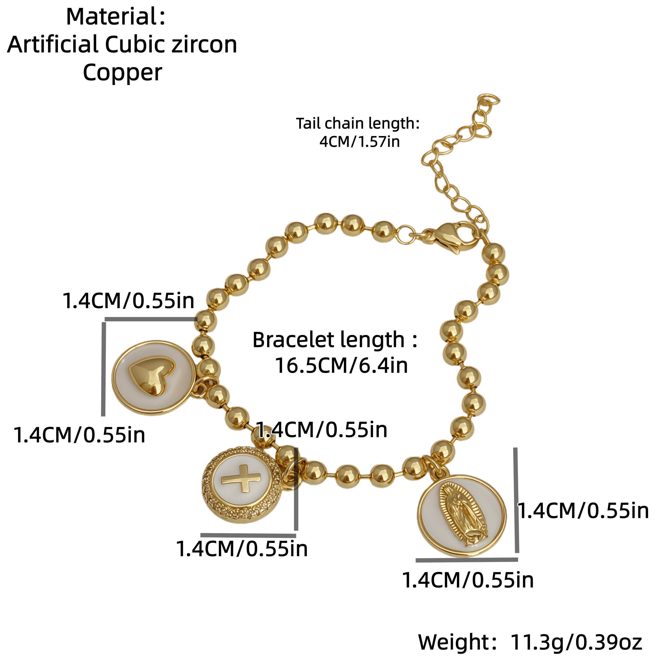 1 Fashion Oil Drop Style Heart/Virgin/Cross Round Tag Bracelet Adjustable Length Religious Bracelet Copper Plated With 18K Gold Unisex Suitable For Daily/Travel/Commute/Date Wear 2