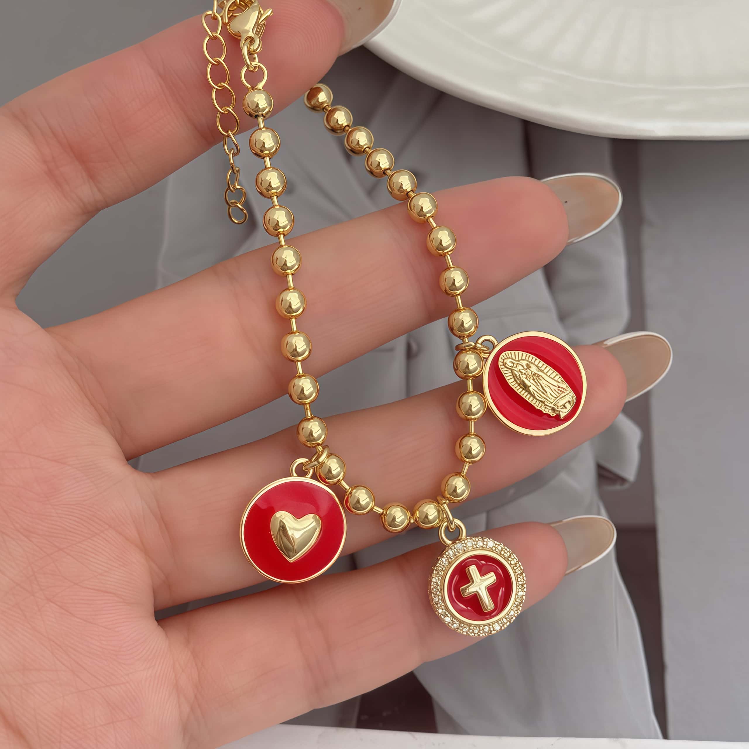 1 Fashion Oil Drop Style Heart/Virgin/Cross Round Tag Bracelet Adjustable Length Religious Bracelet Copper Plated With 18K Gold Unisex Suitable For Daily/Travel/Commute/Date Wear 5