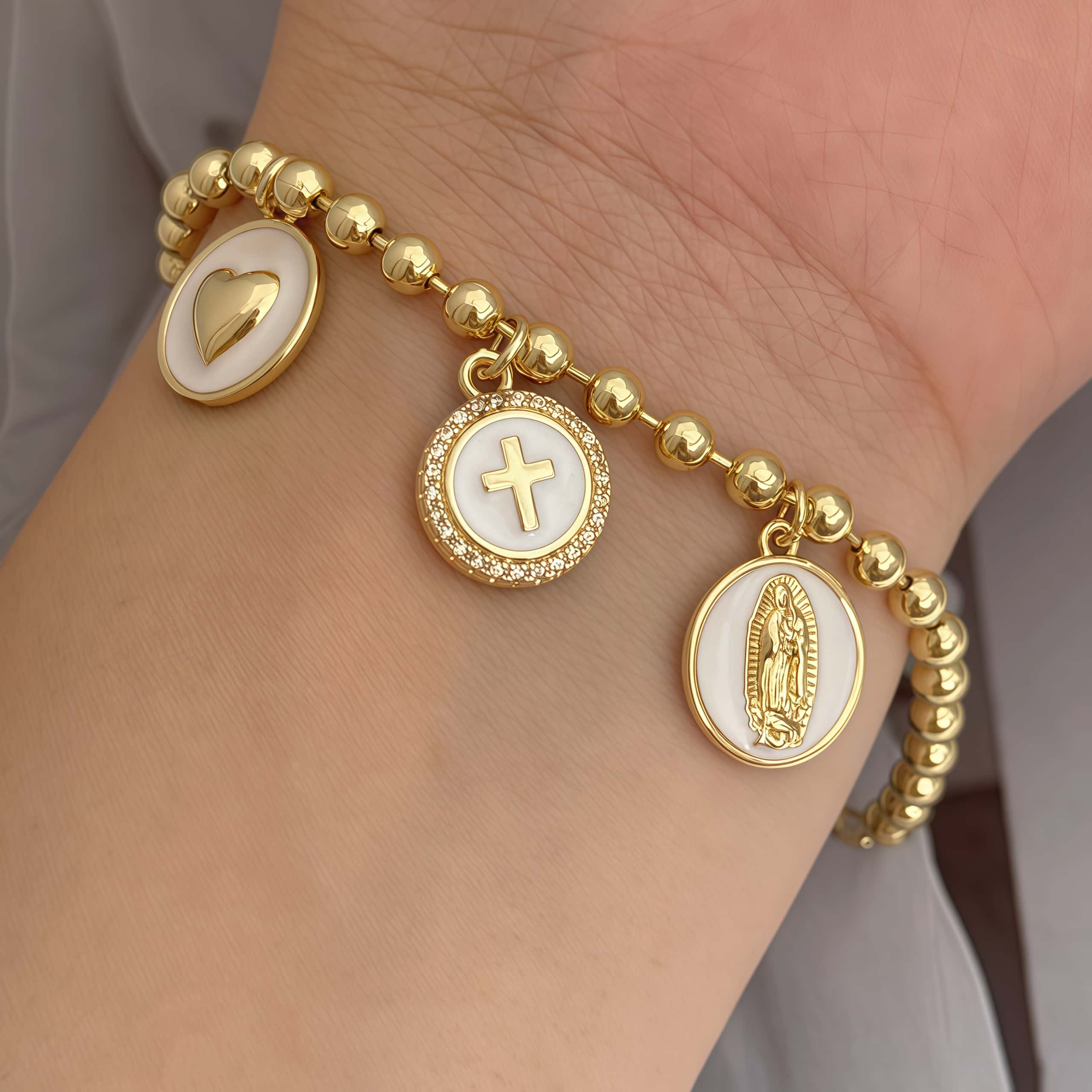 1 Fashion Oil Drop Style Heart/Virgin/Cross Round Tag Bracelet Adjustable Length Religious Bracelet Copper Plated With 18K Gold Unisex Suitable For Daily/Travel/Commute/Date Wear 6