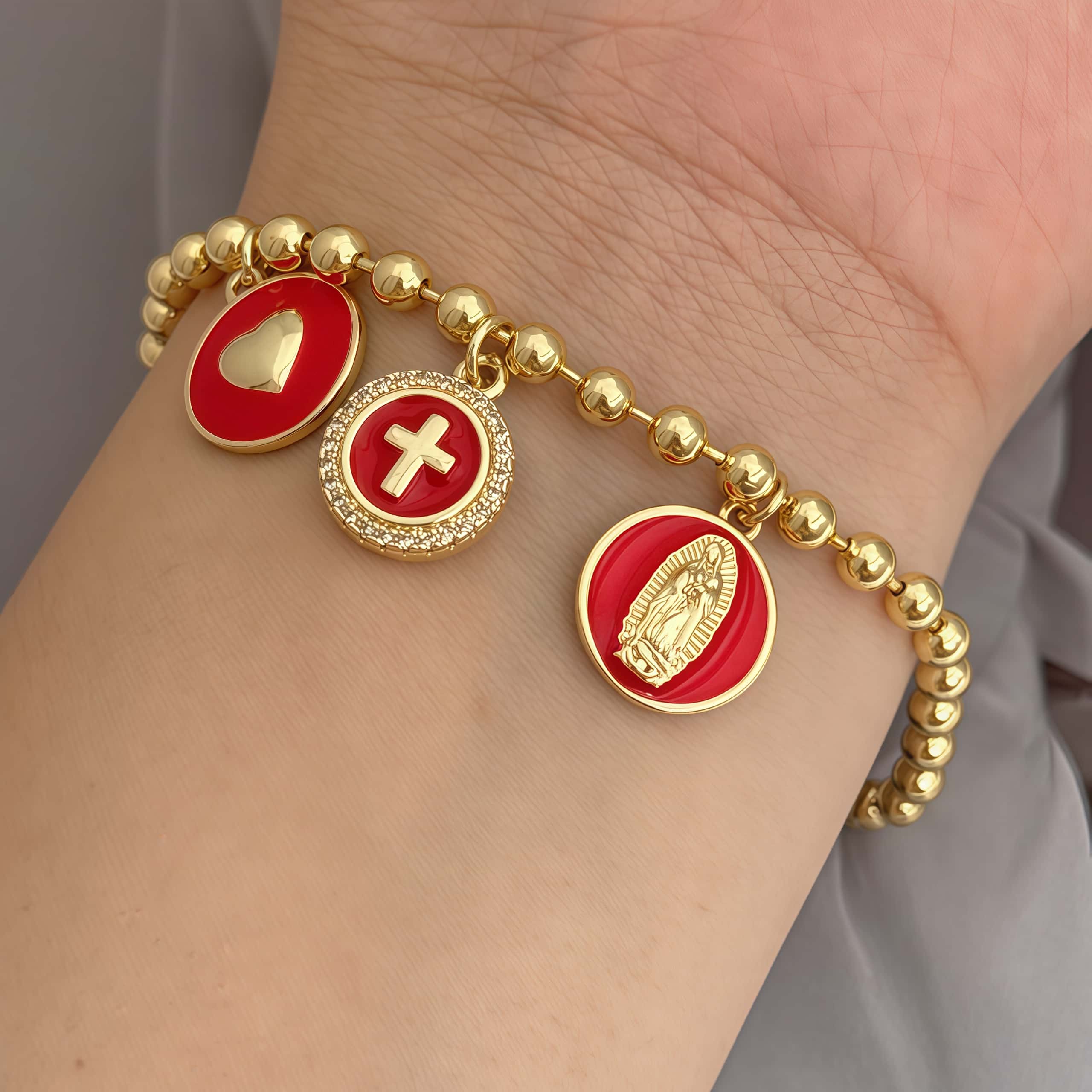 1 Fashion Oil Drop Style Heart/Virgin/Cross Round Tag Bracelet Adjustable Length Religious Bracelet Copper Plated With 18K Gold Unisex Suitable For Daily/Travel/Commute/Date Wear 7