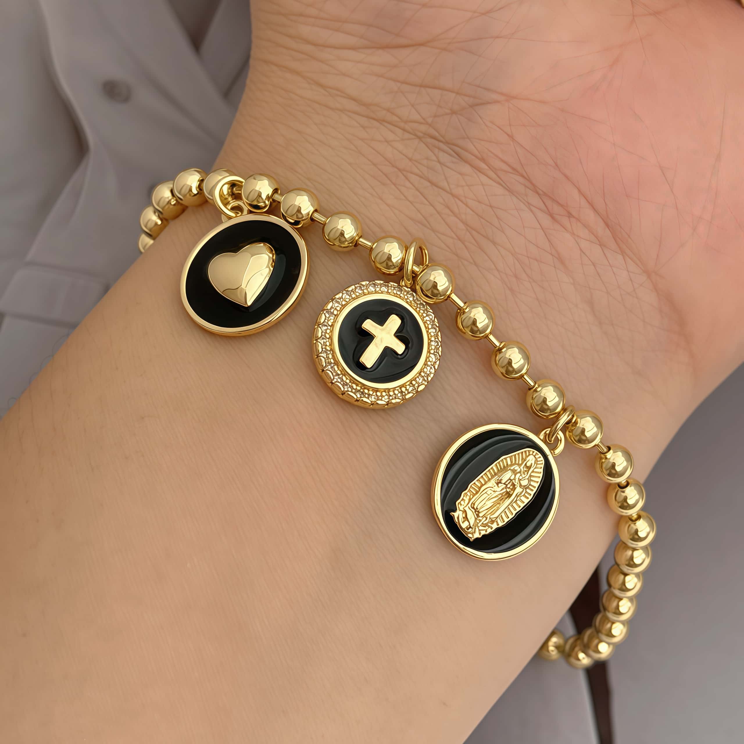 1 Fashion Oil Drop Style Heart/Virgin/Cross Round Tag Bracelet Adjustable Length Religious Bracelet Copper Plated With 18K Gold Unisex Suitable For Daily/Travel/Commute/Date Wear 8