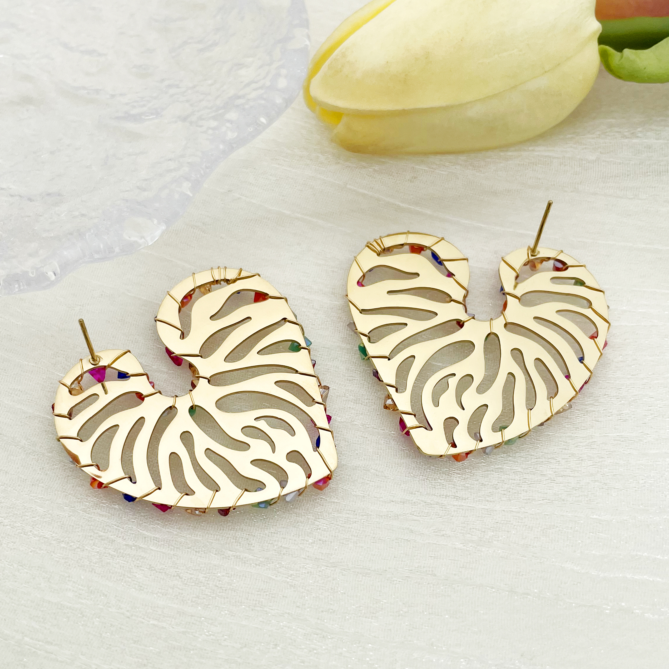 Heart Shape Earrings For Women With 14K Gold Plated PVD Vacuum Plating And Crystal Inlay In 304 Stainless Steel