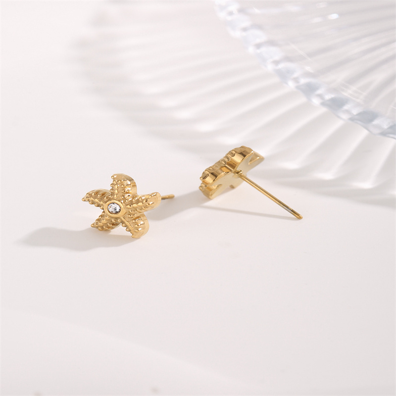 Starfish Stud Earrings For Women, Waterproof Non Tarnish 304 Stainless Steel With Real Gold Plated PVD Vacuum Plating And Zircon Inlay 2