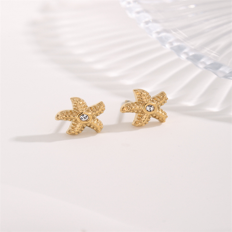 Starfish Stud Earrings For Women, Waterproof Non Tarnish 304 Stainless Steel With Real Gold Plated PVD Vacuum Plating And Zircon Inlay 3