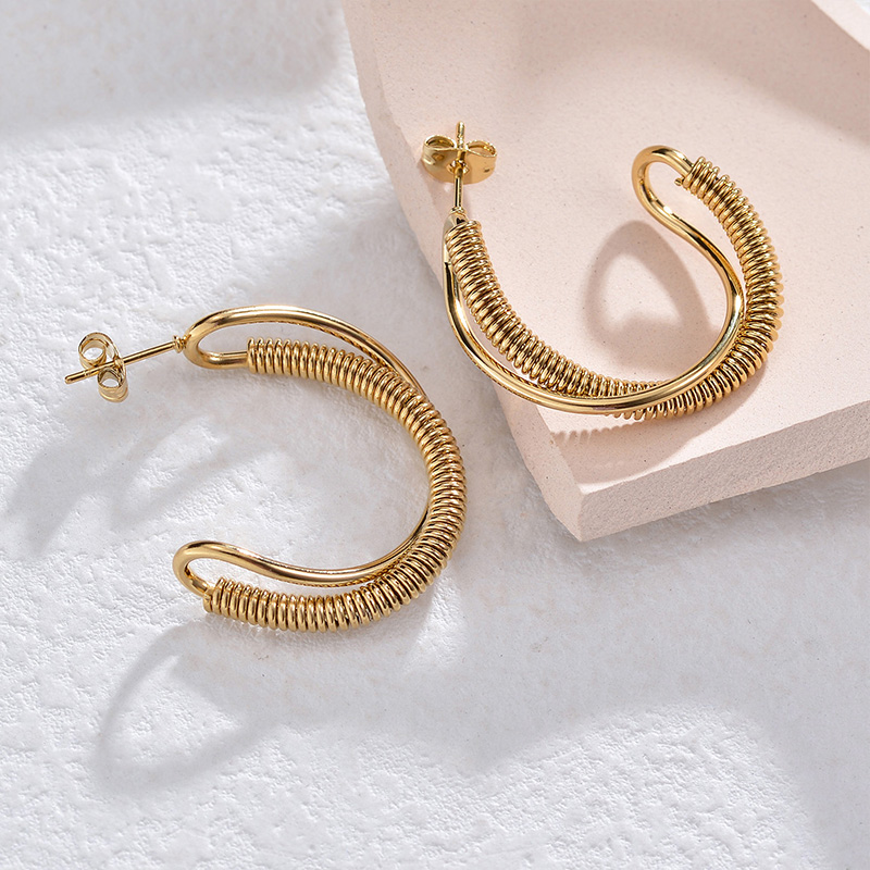 C Shape Earrings For Women In Casual Style, 201 Stainless Steel With 18K Real Gold Plated Finish And Stone-Free Inlay 2