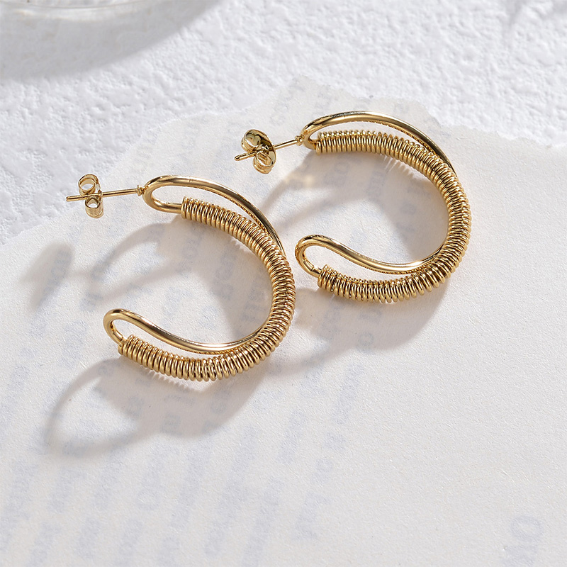 C Shape Earrings For Women In Casual Style, 201 Stainless Steel With 18K Real Gold Plated Finish And Stone-Free Inlay 4