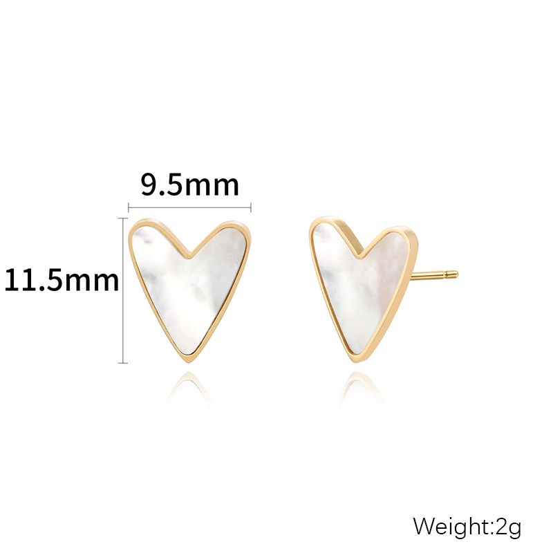 Heart Shape Gold Plated Stainless Steel Stud Earrings For Women With White Shell Inlay In Casual Style