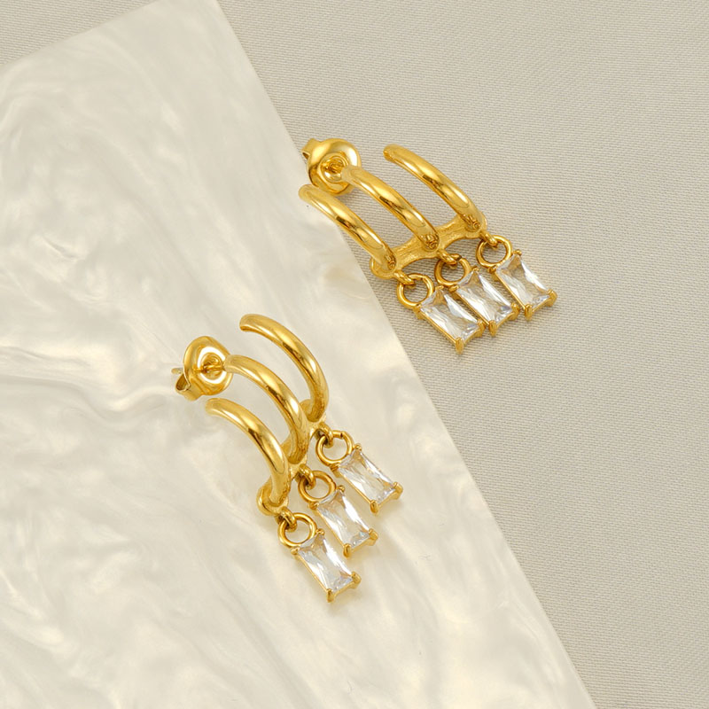 C Shape Drop Earrings For Women With 18K Gold Plated PVD Vacuum Plating And Crystal Inlay In 304 Stainless Steel