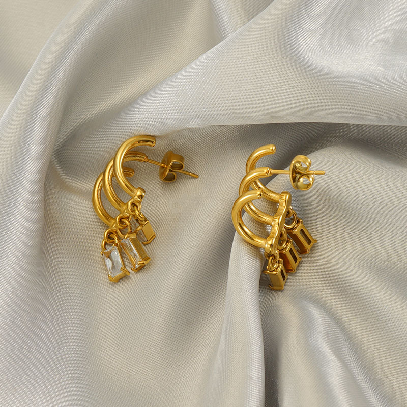 C Shape Drop Earrings For Women With 18K Gold Plated PVD Vacuum Plating And Crystal Inlay In 304 Stainless Steel 3
