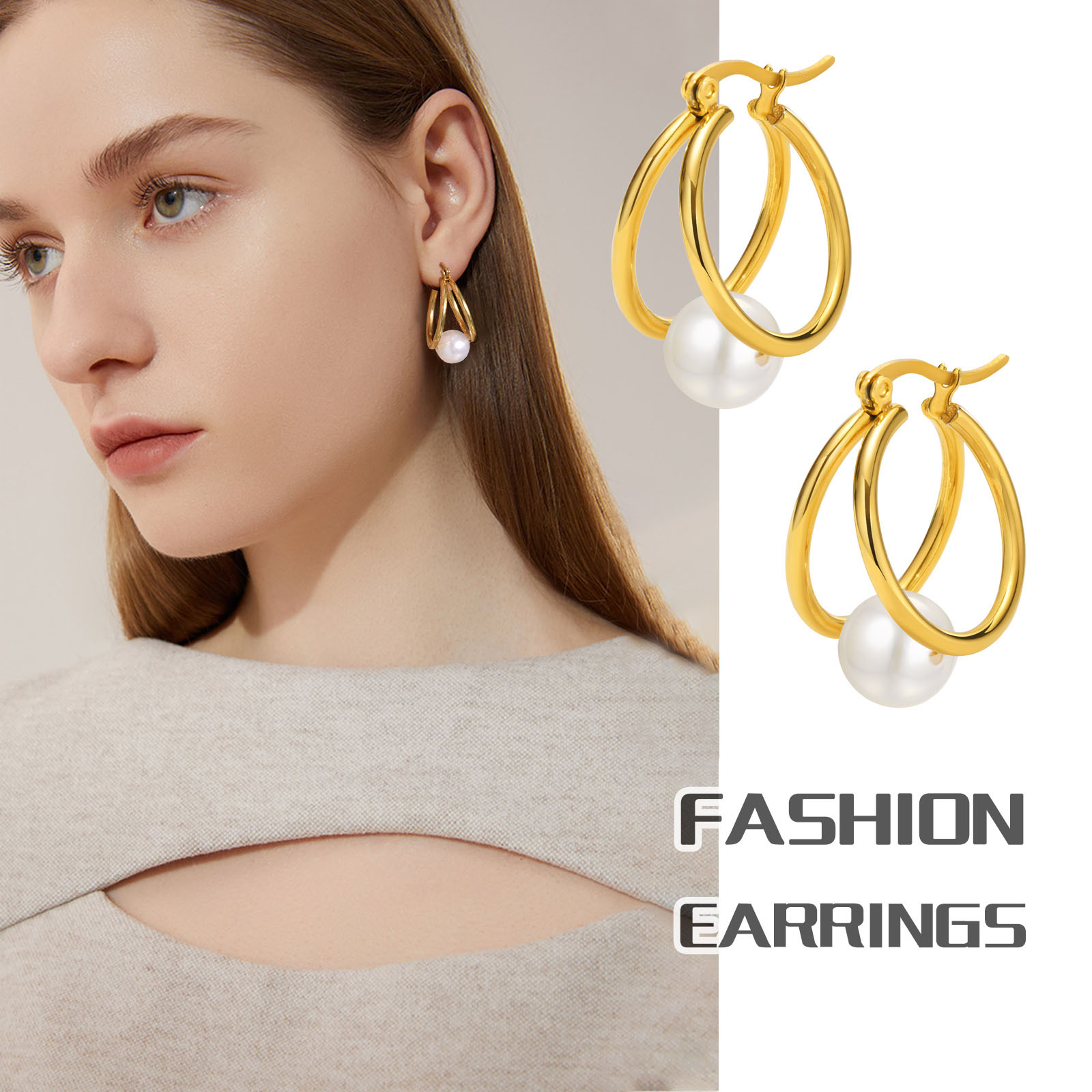 Waterproof Non Tarnish Circle Earrings For Women, 304 Stainless Steel With Real Gold Plated PVD Coating And Pearl Inlay 5