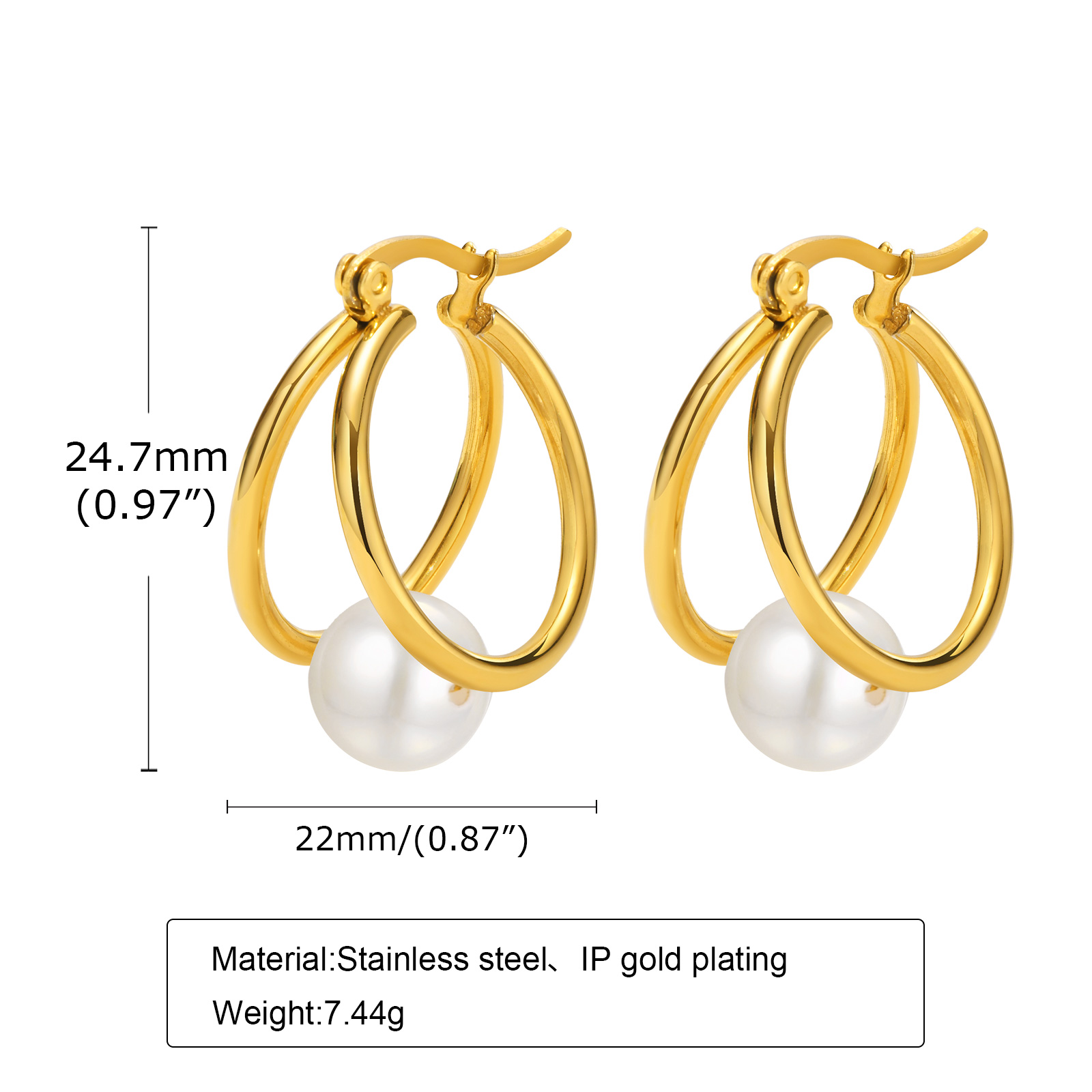 Waterproof Non Tarnish Circle Earrings For Women, 304 Stainless Steel With Real Gold Plated PVD Coating And Pearl Inlay 6