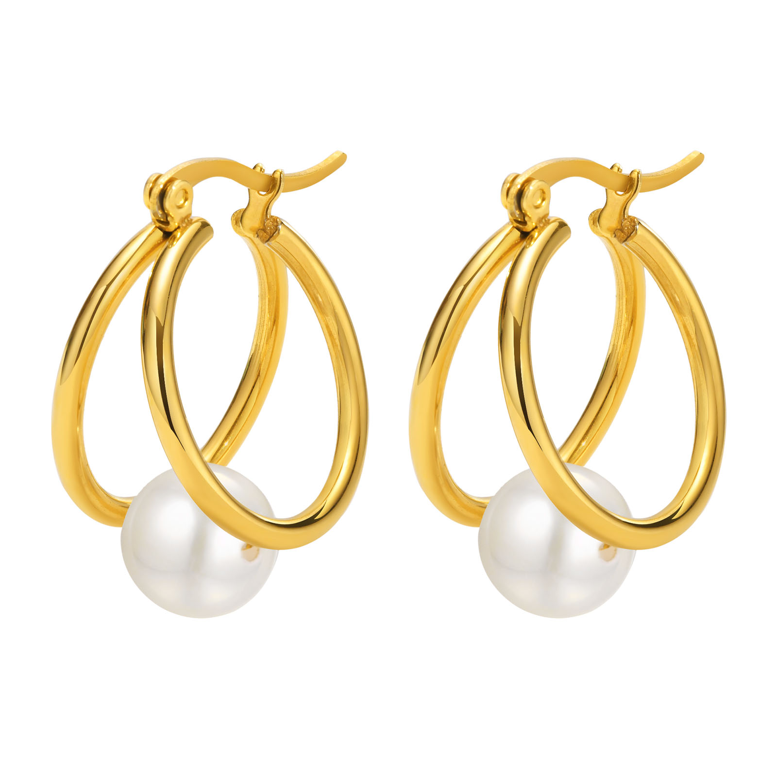 Waterproof Non Tarnish Circle Earrings For Women, 304 Stainless Steel With Real Gold Plated PVD Coating And Pearl Inlay 7