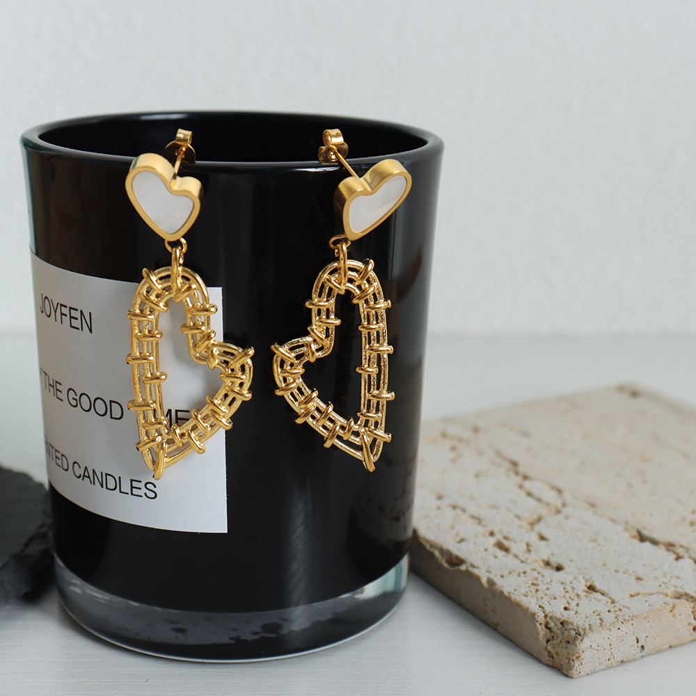 Heart Shape Drop Earrings For Women, Waterproof Non Tarnish 304 Stainless Steel With Real Gold Plated PVD Coating And White Shell Inlay