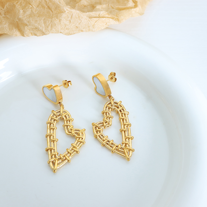 Heart Shape Drop Earrings For Women, Waterproof Non Tarnish 304 Stainless Steel With Real Gold Plated PVD Coating And White Shell Inlay 2