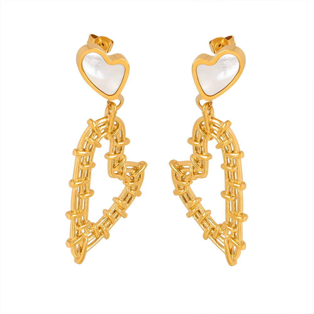 Heart Shape Drop Earrings For Women, Waterproof Non Tarnish 304 Stainless Steel With Real Gold Plated PVD Coating And White Shell Inlay 3
