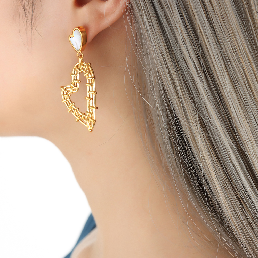Heart Shape Drop Earrings For Women, Waterproof Non Tarnish 304 Stainless Steel With Real Gold Plated PVD Coating And White Shell Inlay 4