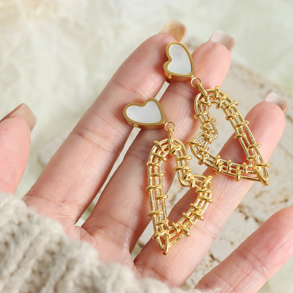 Heart Shape Drop Earrings For Women, Waterproof Non Tarnish 304 Stainless Steel With Real Gold Plated PVD Coating And White Shell Inlay 7