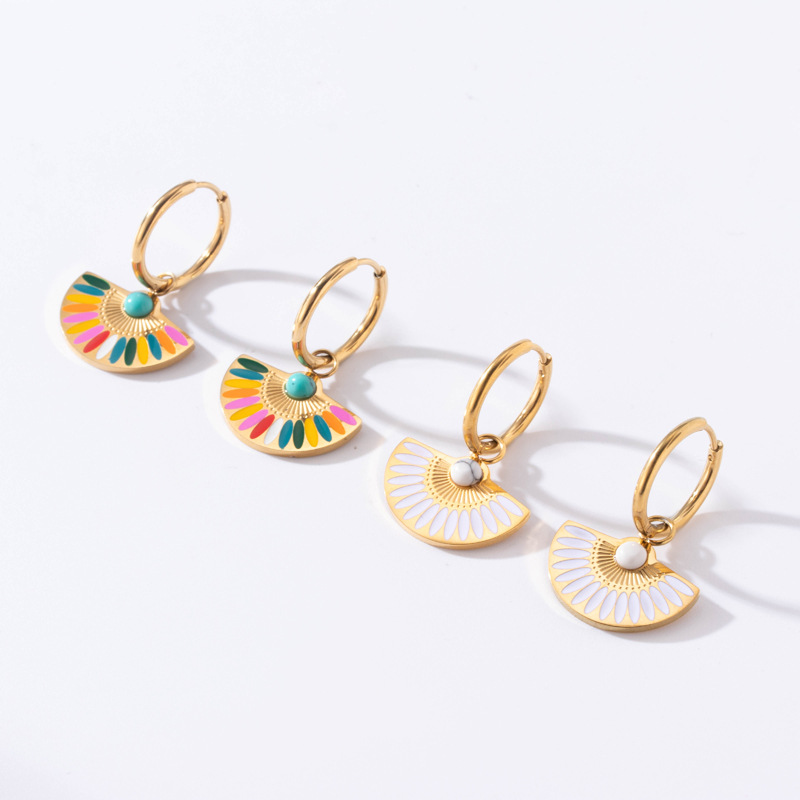 Geometric Drop Earrings For Women In 304 Stainless Steel With Waterproof Non Tarnish PVD Coated Gold Plating And Turquoise Inlay