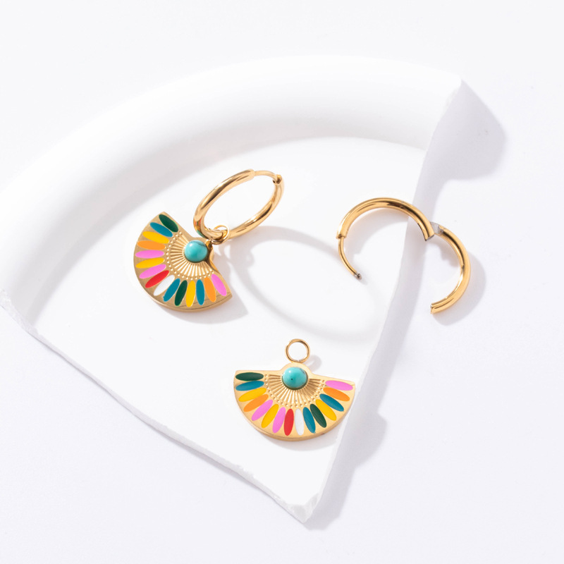 Geometric Drop Earrings For Women In 304 Stainless Steel With Waterproof Non Tarnish PVD Coated Gold Plating And Turquoise Inlay 3
