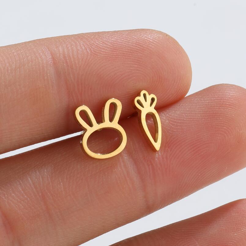 Waterproof Non Tarnish Rabbit And Carrot Stud Earrings For Women In 316 Stainless Steel With 18K Gold PVD Coating