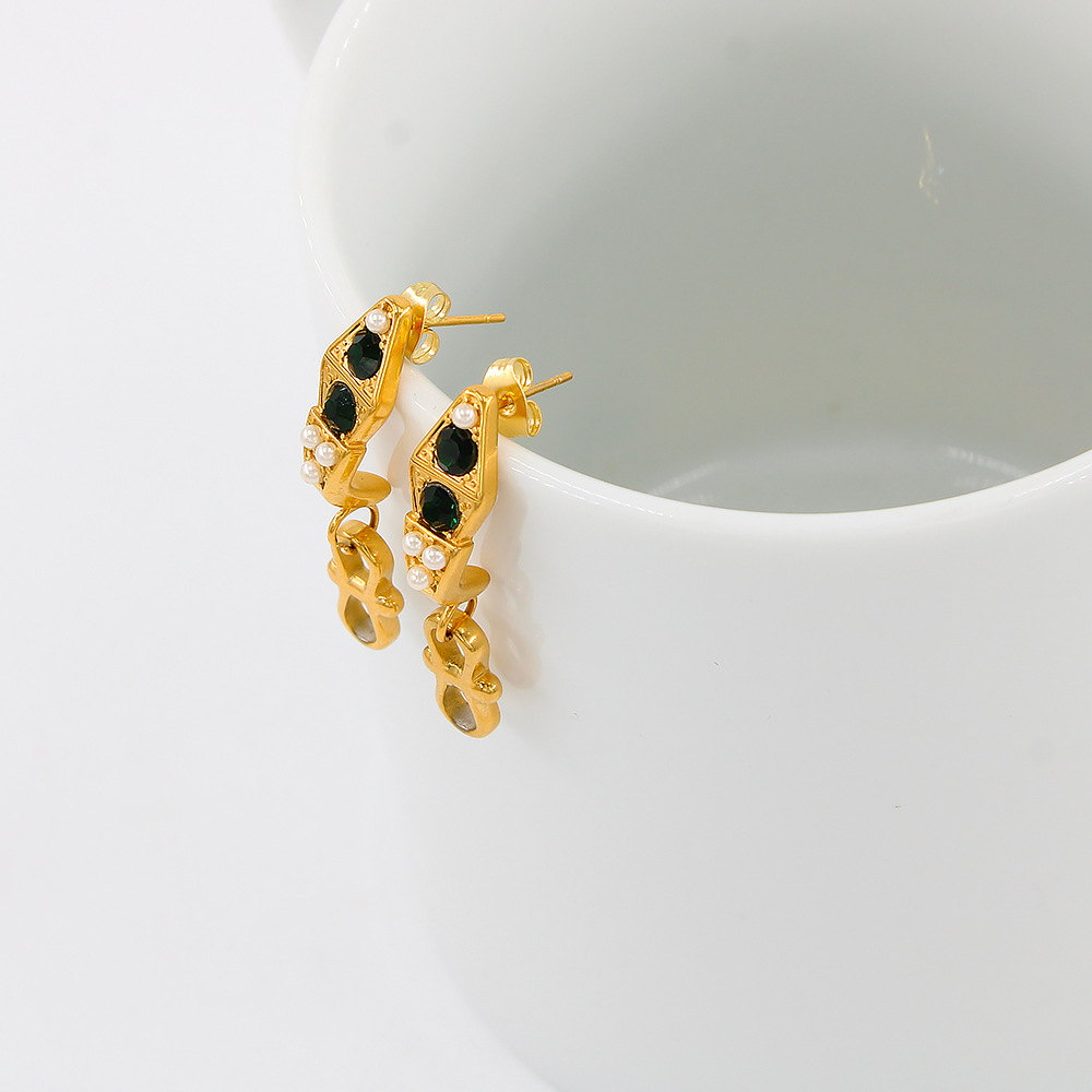 Retro Geometric Drop Earrings For Women Featuring Electroplated Stainless Steel With Artificial Gemstones