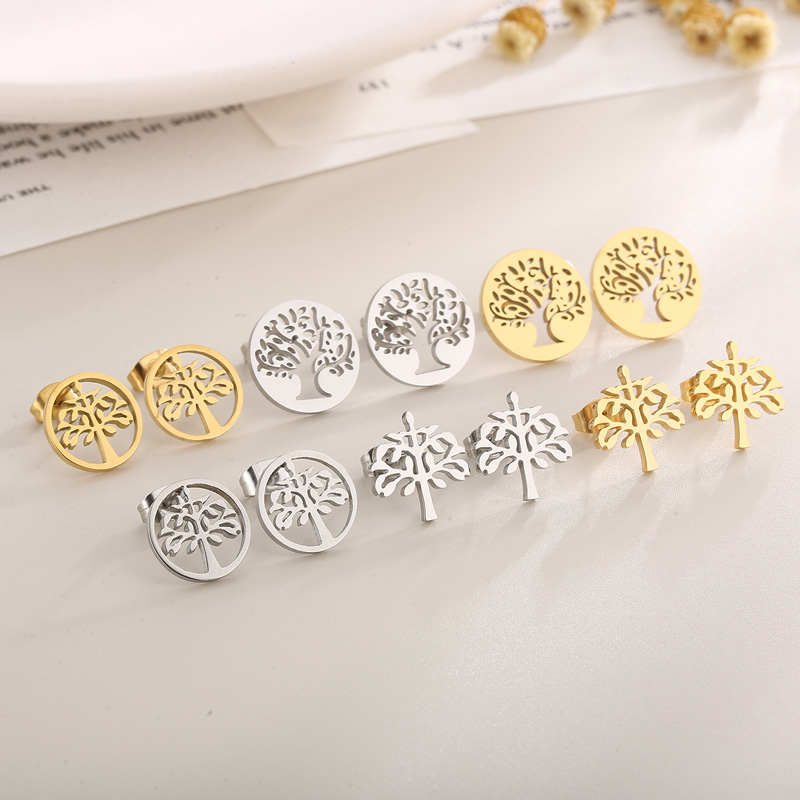 Life Tree Hollow Out Drop Earrings For Women In 304 Stainless Steel With 18K Gold Plated PVD Coating And Stone-Free Inlay