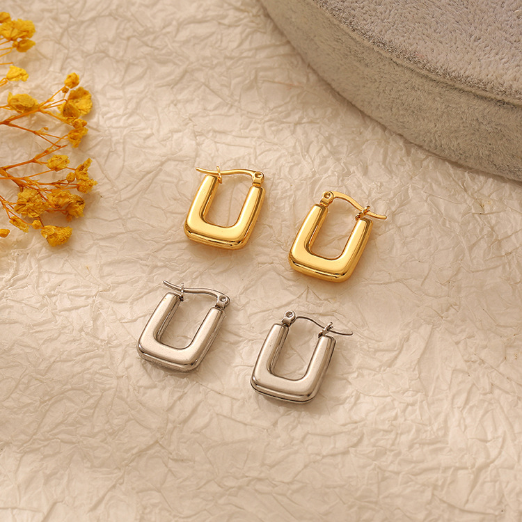 U Shape Drop Earrings For Women In 304 Stainless Steel With Electroplated 18K Real Gold Plating