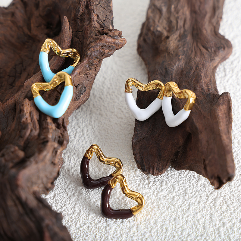 Heart Shape Stud Earrings With Enamel Design, Titanium Steel And 304 Stainless Steel Posts, 18K Gold Plated For Women