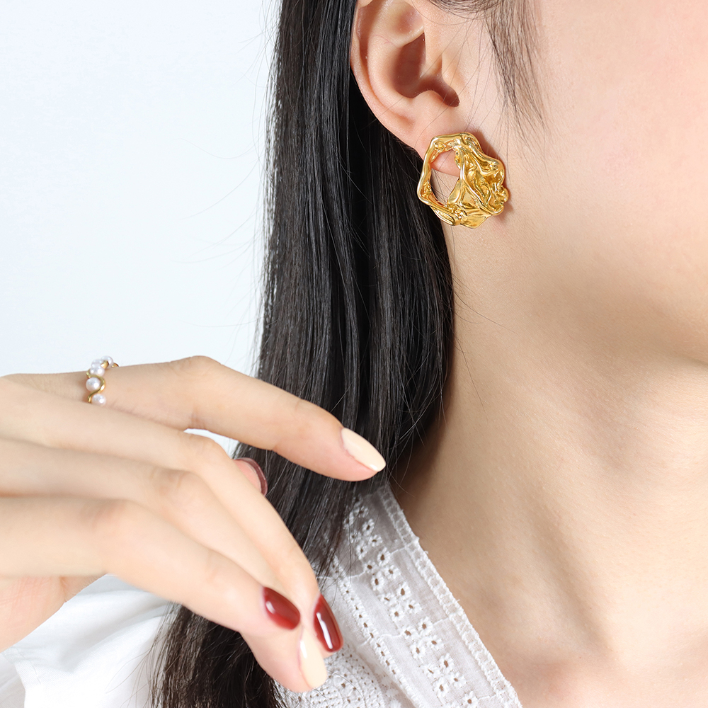 Waterproof Non Tarnish Asymmetric Earrings For Women In 304 Stainless Steel With Real Gold Plated PVD Coating 5