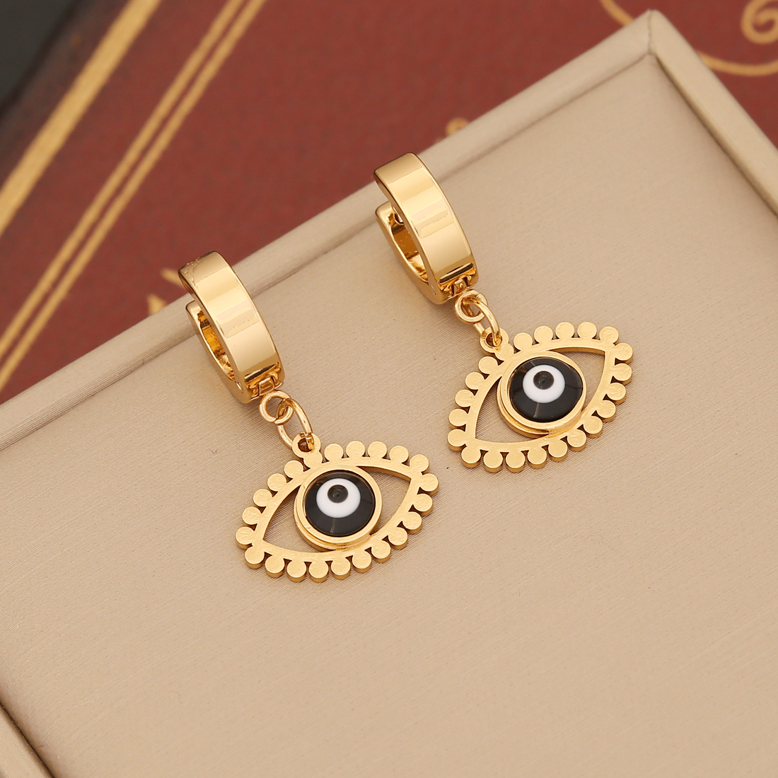 Devil's Eye Waterproof Non Tarnish Drop Earrings For Women, 18K Gold PVD Coated 304 Stainless Steel With Stone-Free Inlay 8