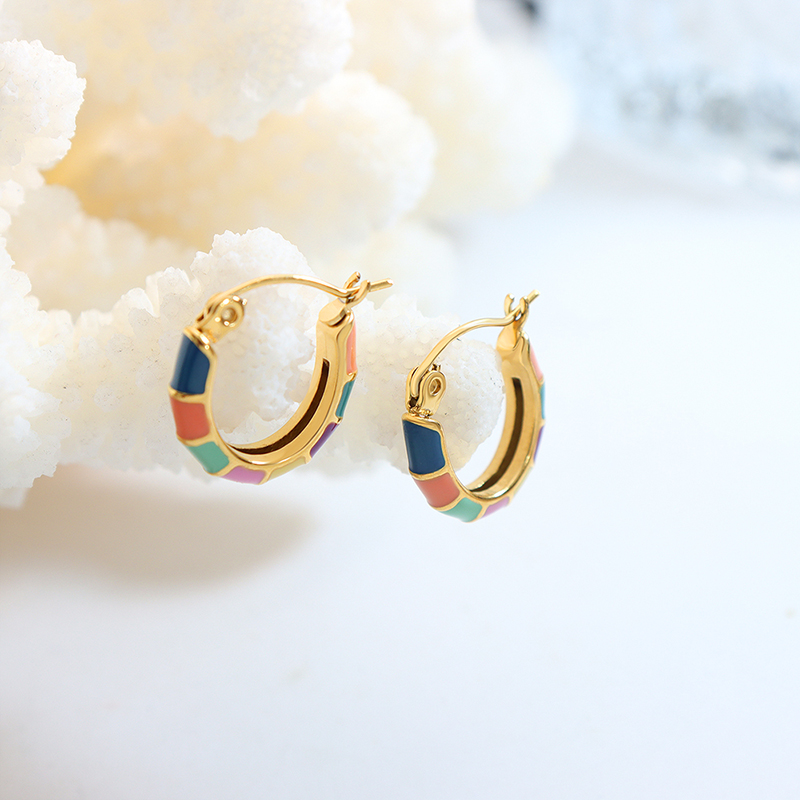 Round Hoop Earrings For Women In 18K Gold Plated 304 Stainless Steel With PVD Vacuum Plating And Titanium Steel Inlay