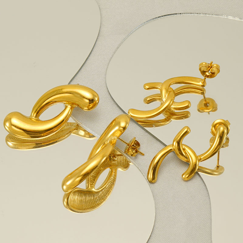 Polished Irregular Stud Earrings For Women In 304 Stainless Steel With 18K Gold Plated PVD Coating And Stone-Free Inlay