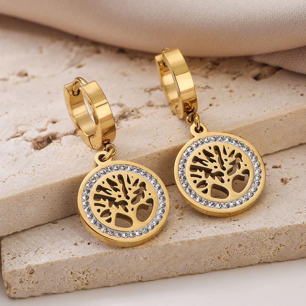 Tree Drop Earrings For Women With 304 Stainless Steel Ear Pins, 18K Gold Plated PVD Vacuum Coating And Zircon Inlay