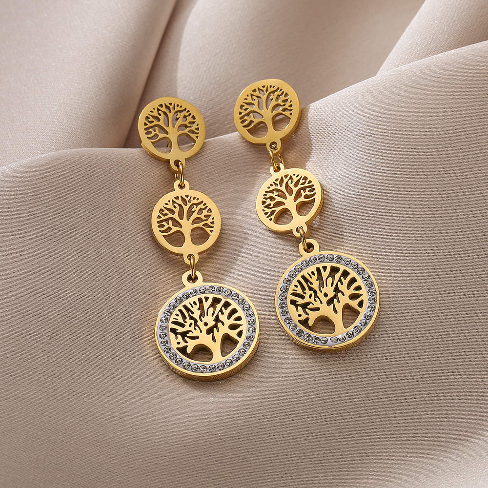 Tree Drop Earrings For Women With 304 Stainless Steel Ear Pins, 18K Gold Plated PVD Vacuum Coating And Zircon Inlay 2
