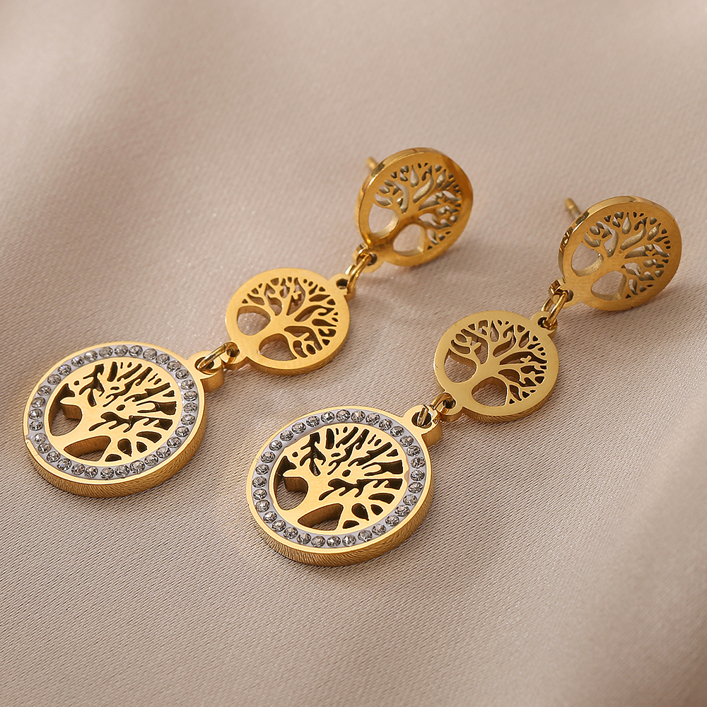 Tree Drop Earrings For Women With 304 Stainless Steel Ear Pins, 18K Gold Plated PVD Vacuum Coating And Zircon Inlay 3