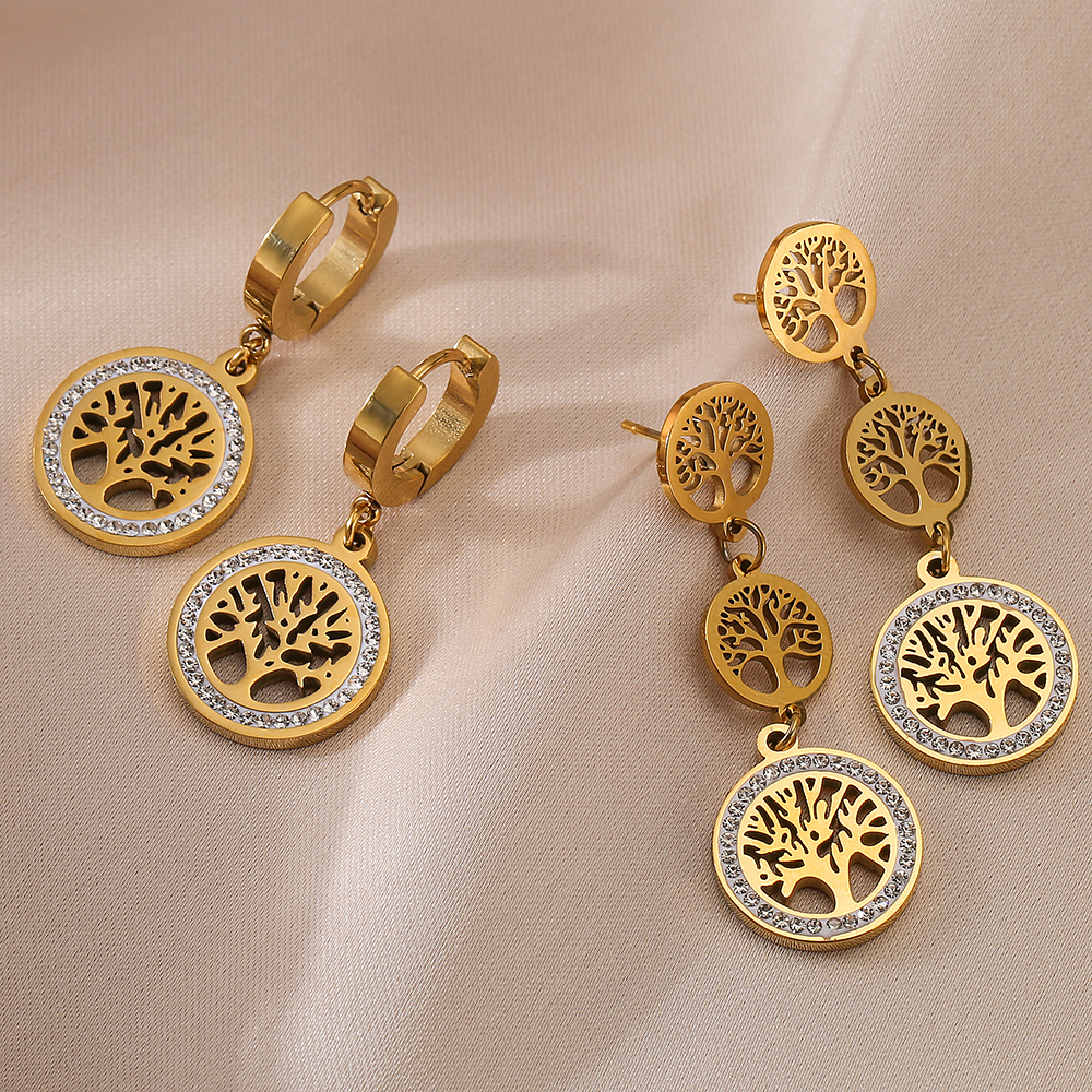 Tree Drop Earrings For Women With 304 Stainless Steel Ear Pins, 18K Gold Plated PVD Vacuum Coating And Zircon Inlay 4