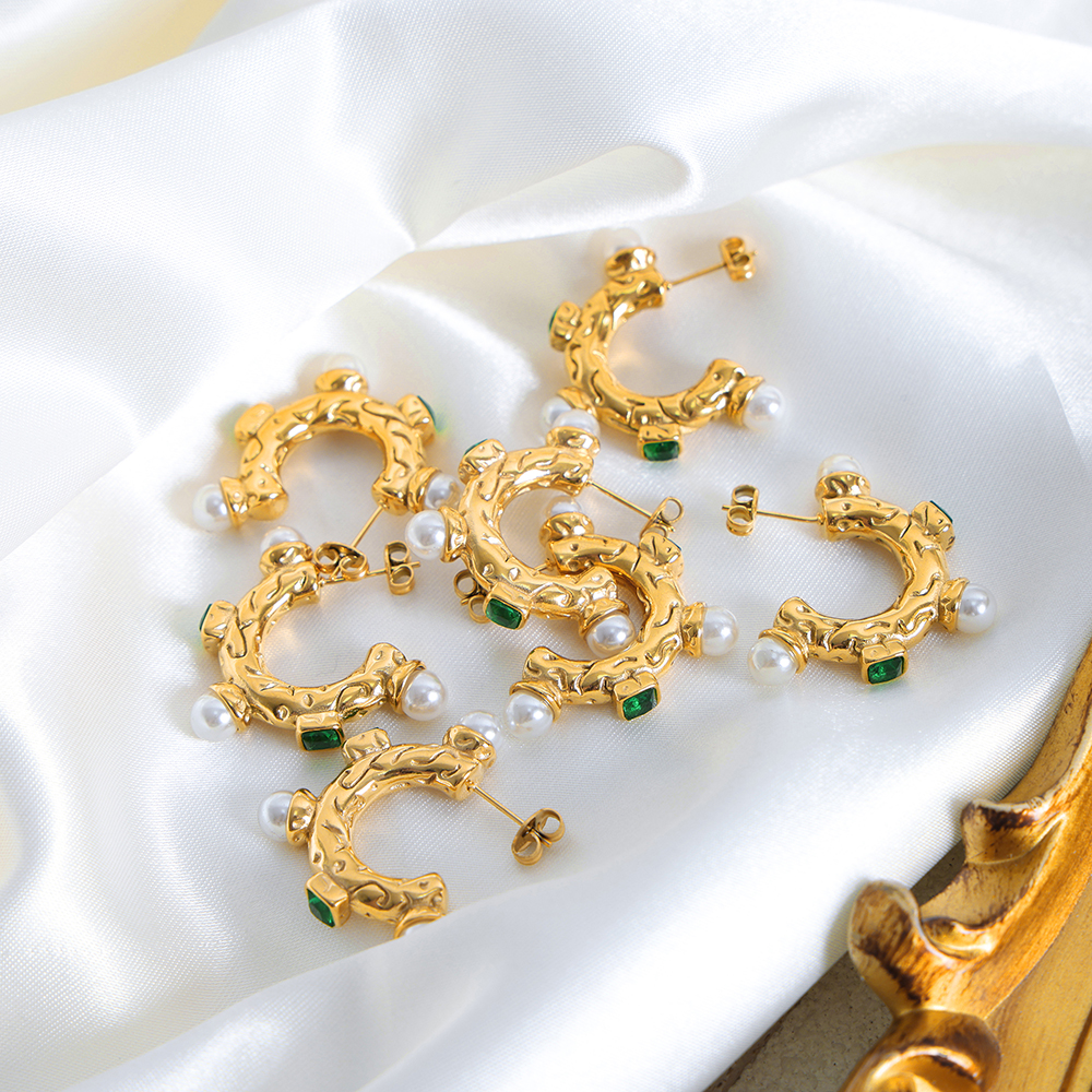 C Shape Stud Earrings For Women Featuring Glass Stone And Imitation Pearl With 18K Gold Plated PVD Vacuum Plating