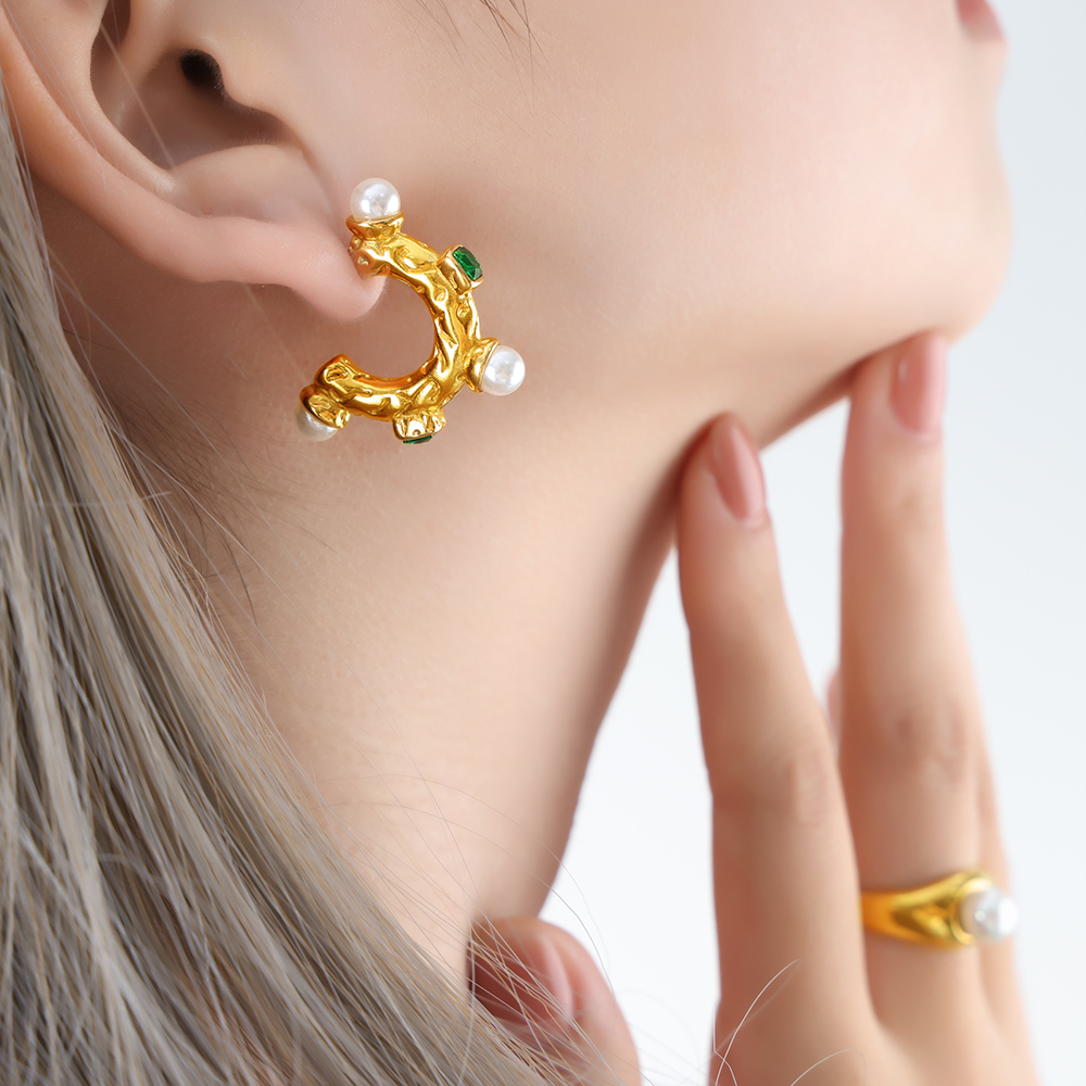 C Shape Stud Earrings For Women Featuring Glass Stone And Imitation Pearl With 18K Gold Plated PVD Vacuum Plating 2