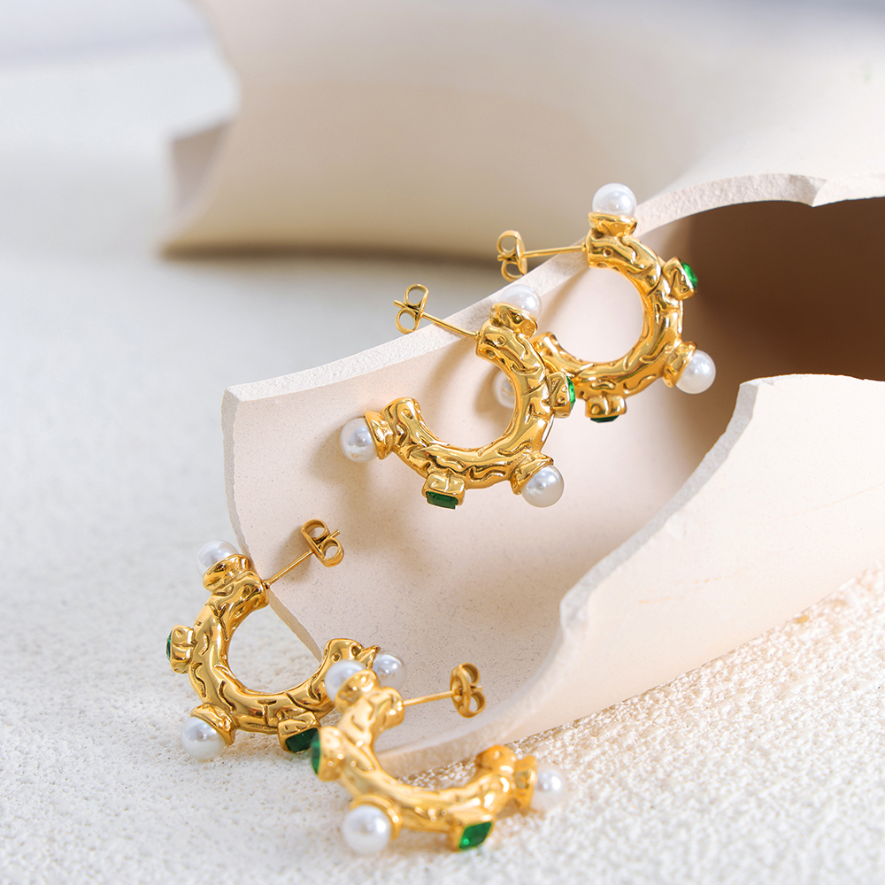 C Shape Stud Earrings For Women Featuring Glass Stone And Imitation Pearl With 18K Gold Plated PVD Vacuum Plating 5