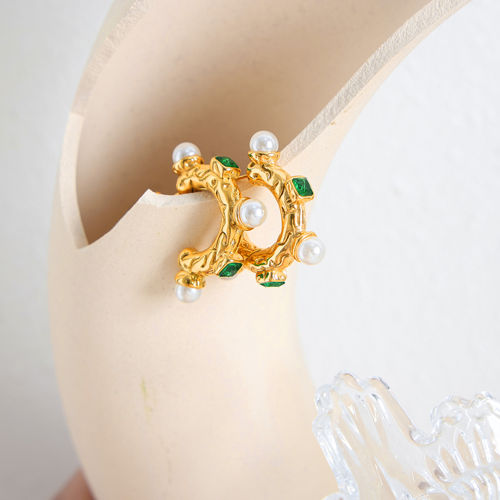 C Shape Stud Earrings For Women Featuring Glass Stone And Imitation Pearl With 18K Gold Plated PVD Vacuum Plating 6