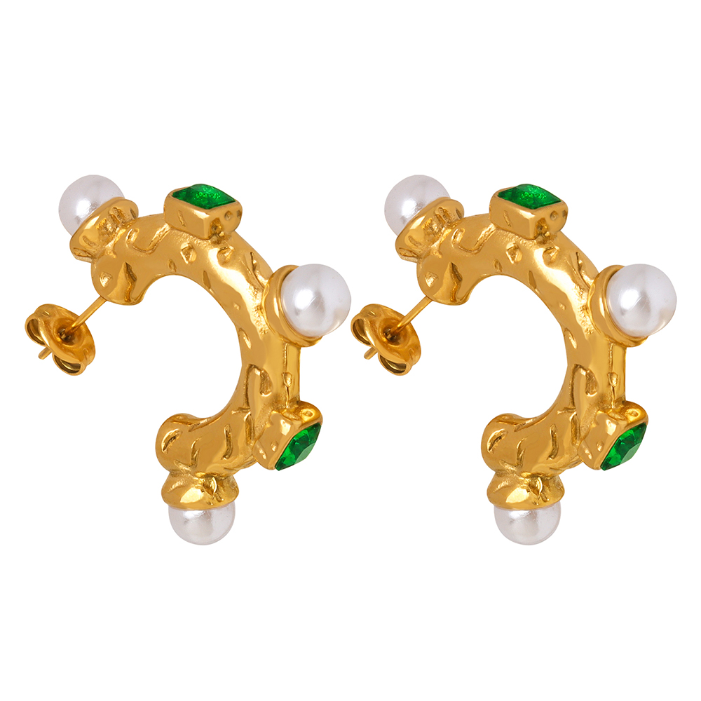 C Shape Stud Earrings For Women Featuring Glass Stone And Imitation Pearl With 18K Gold Plated PVD Vacuum Plating 7