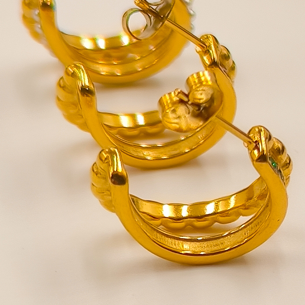 Retro C Shape Clip Earrings For Women In Stainless Steel With Electroplated Finish And Zircon Inlay