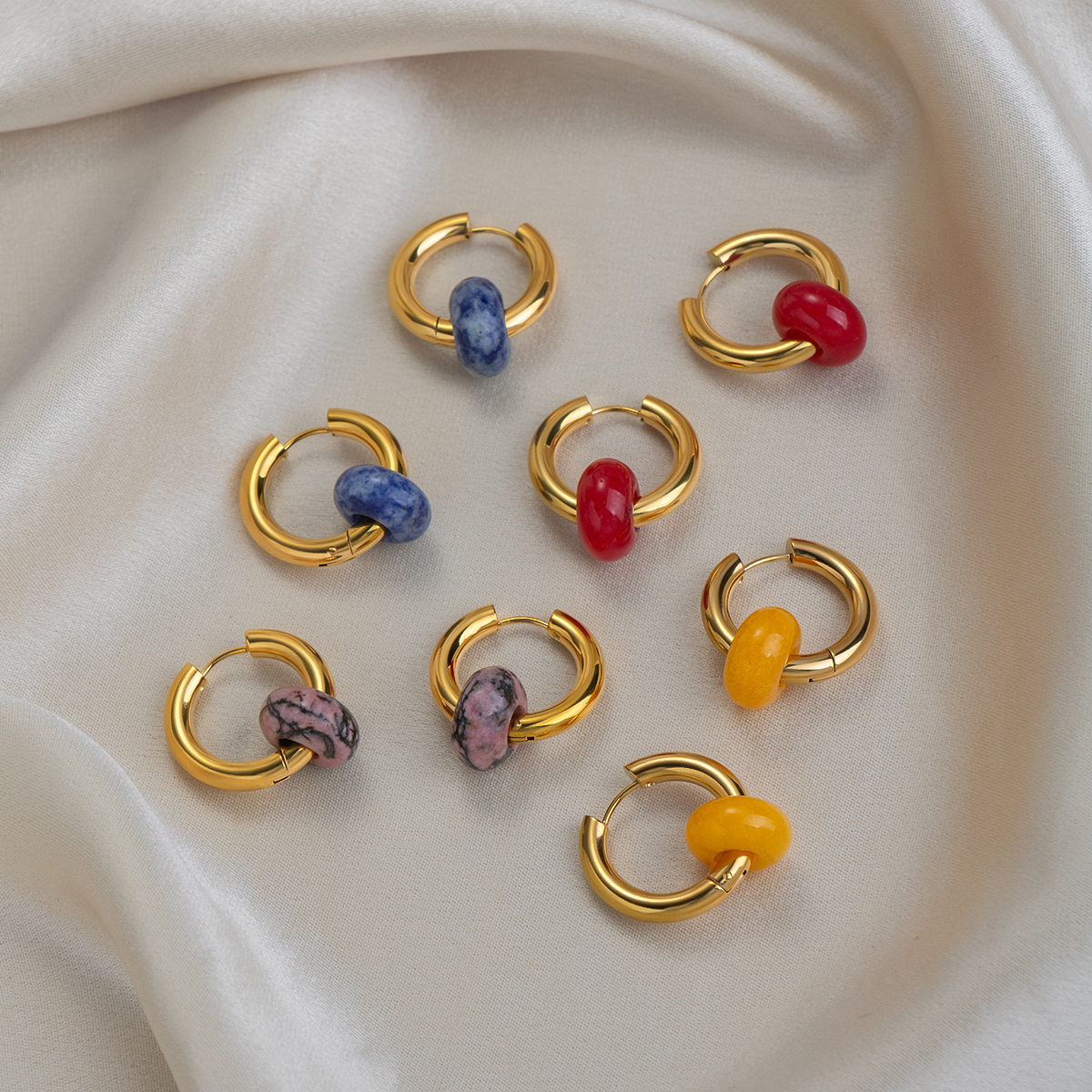 Retro Geometric Earrings For Women In 201 Stainless Steel With Real Gold Plated Finish And Natural Stone Inlay