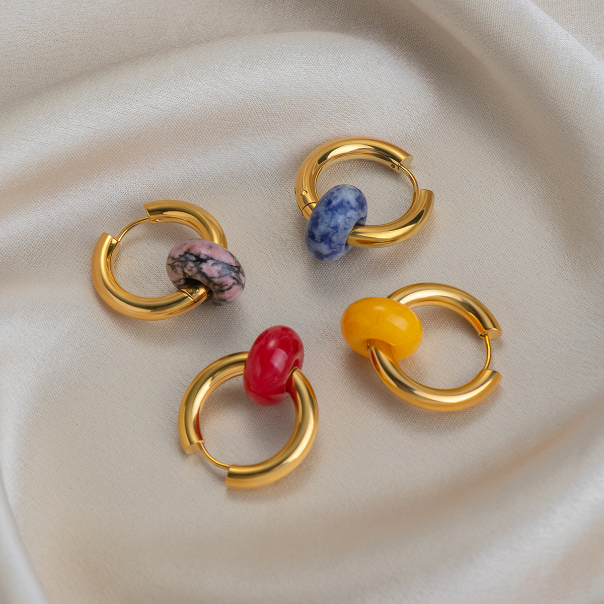 Retro Geometric Earrings For Women In 201 Stainless Steel With Real Gold Plated Finish And Natural Stone Inlay 4