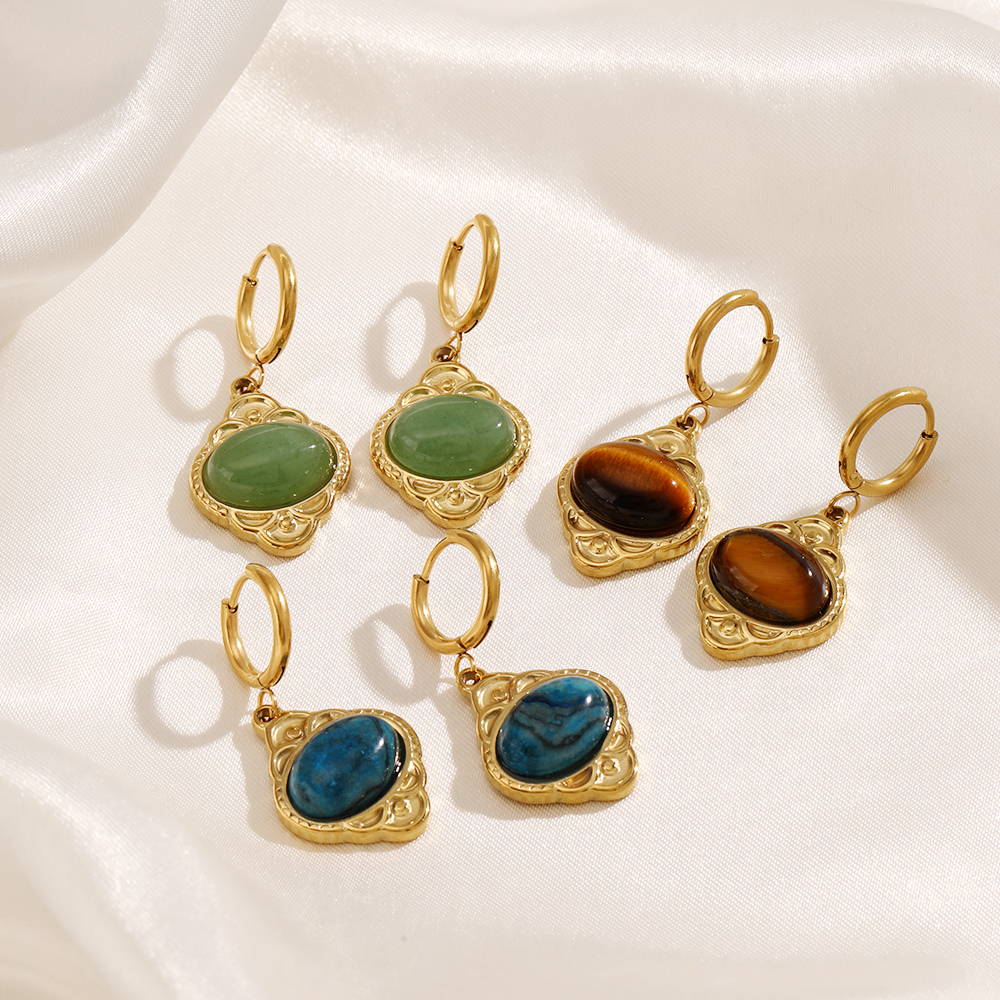 Oval Drop Earrings For Women In 304 Stainless Steel With 18K Gold Plated PVD Coating And Artificial Gemstones