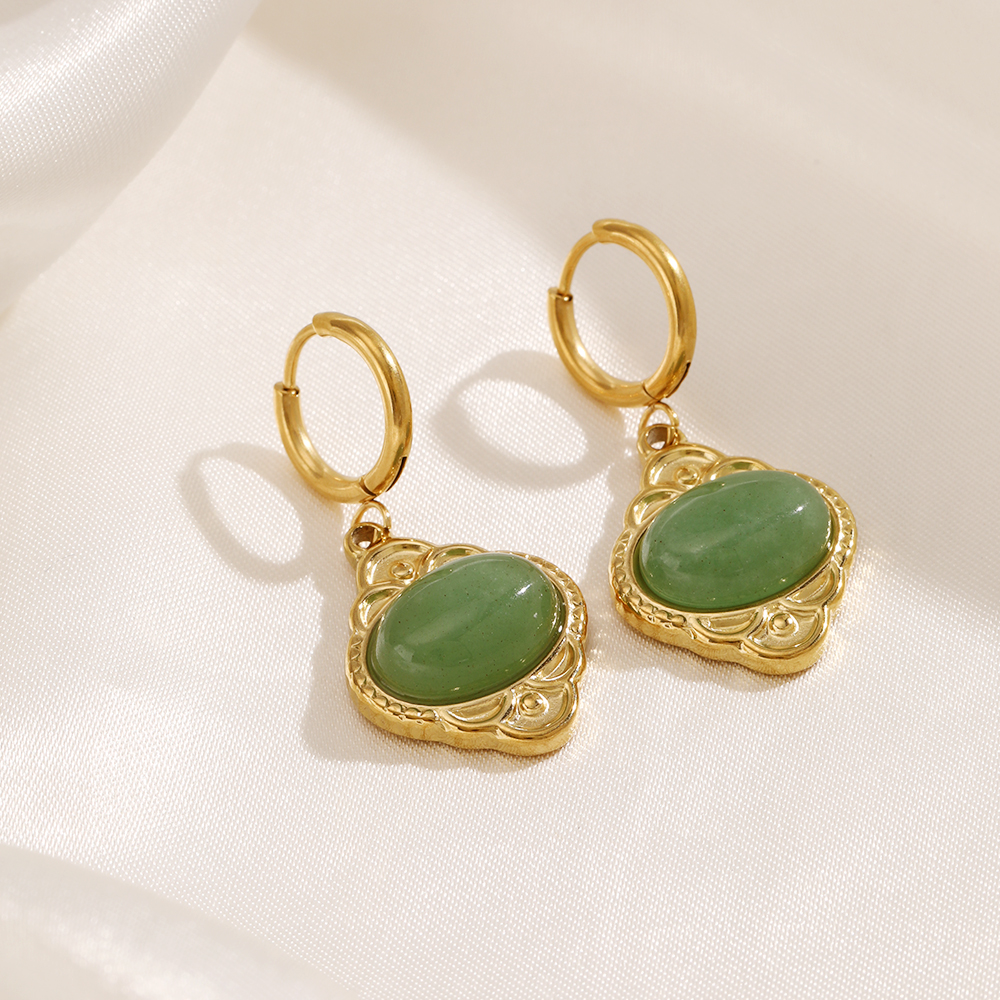 Oval Drop Earrings For Women In 304 Stainless Steel With 18K Gold Plated PVD Coating And Artificial Gemstones 2