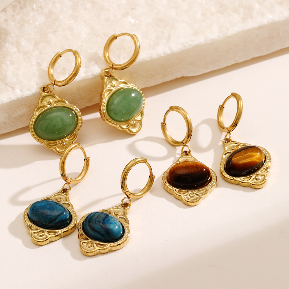 Oval Drop Earrings For Women In 304 Stainless Steel With 18K Gold Plated PVD Coating And Artificial Gemstones 3