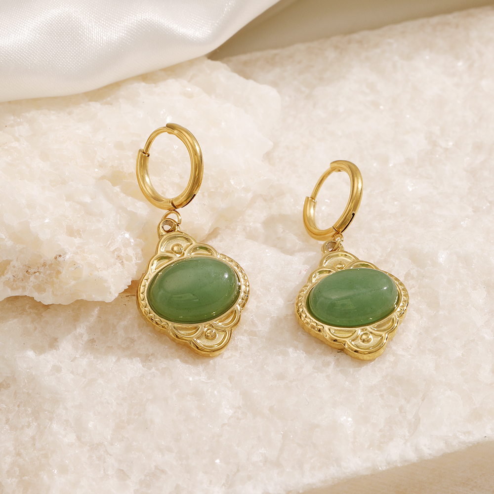 Oval Drop Earrings For Women In 304 Stainless Steel With 18K Gold Plated PVD Coating And Artificial Gemstones 4